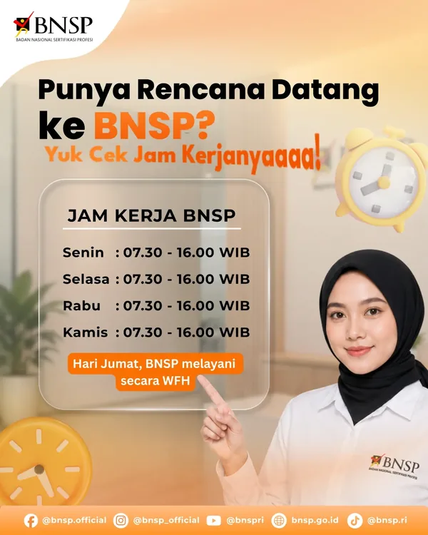 Halo sobat kompeten, berikut penyesuaian jam pelayanan di BNSP. Setiap jumat akan dilayani secara daring ya sobat 🙌